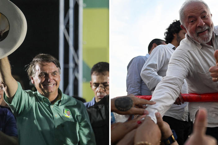 The two candidates in Brazil's presidential elections campaign leading up to a runoff election. Left: President Jair Bolsonaro in Guarulhos on Saturday. Right: Former President Luiz Inácio Lula da Silva in Rio de Janeiro State on Oct. 11.