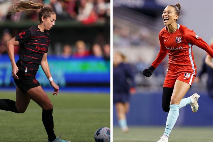 Left: Morgan Weaver of Portland Thorns FC controls the ball during the the NWSL semifinal against San Diego Wave on October 23, 2022 in Portland, Oregon. Right: Kristen Edmonds of Kansas City Current celebrates after beating OL Reign in a NWSL semifinal match on October 23, 2022 in Seattle. Portland and Kansas City play for the championship Saturday night.