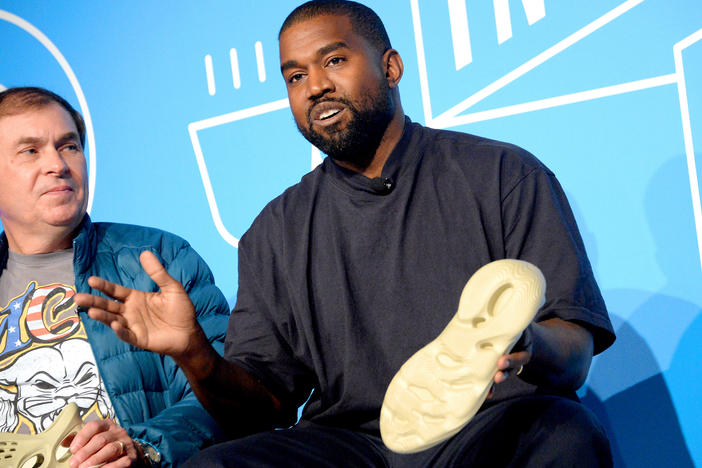 Steven Smith and Kanye West speak on stage at the "Kanye West and Steven Smith in Conversation with Mark Wilson" on Nov. 7, 2019, in New York City.