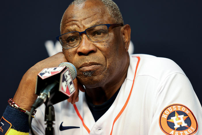 Manager Dusty Baker of the Houston Astros speaks during a press conference ahead of Game One of the World Series.