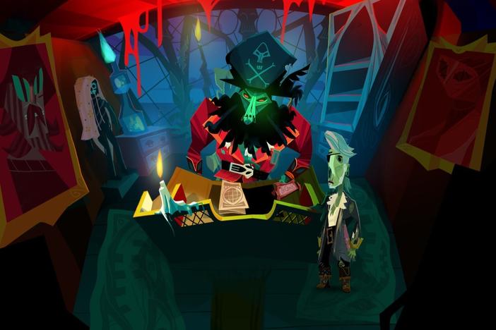 The intrepid Guybrush Threepwood (right), disguised as a zombie, beside his nemesis, LeChuck in 2022's 'Return to Monkey Island.'