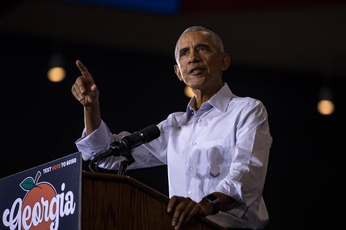 Former President Barack Obama warned that the future of American democracy is on the ballot in the 2022 midterm elections during a speech in College Park, Ga., on Friday.
