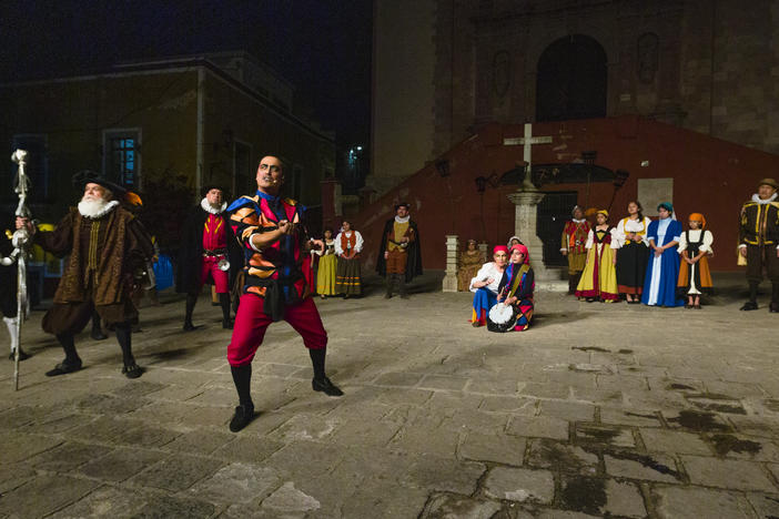 A scene from "Entremeses Cervantinos," three one-act plays written by Miguel de Cervantes, at Plaza San Roque, Guanajuato, Mexico.