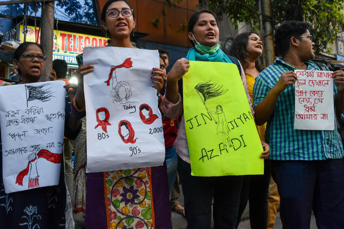 Student organizations demonstrate in Kolkata on Oct. 20, protesting in response to the death of Mahsa Amini in police custody in Iran.