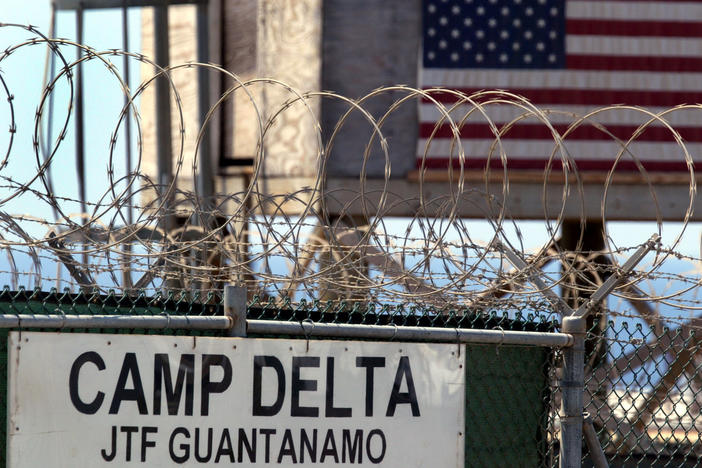 The entrance to Camp Delta where detainees from the U.S. war in Afghanistan live is shown April 7, 2004, in Guantánamo Bay, Cuba.