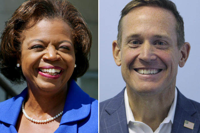 This combination of photos shows North Carolina Democratic Senate candidate Cheri Beasley on Aug. 29 in Durham, N.C., left, and Republican candidate Rep. Ted Budd, R-N.C., on Sept. 25 in Mount Airy, N.C.