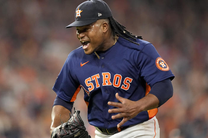 Houston Astros starting pitcher Framber Valdez celebrates a double play to end the top of the sixth inning in Game 2 of the World Series between the Houston Astros and the Philadelphia Phillies on Saturday. The Astros won the game, 5-2, and tied the series.