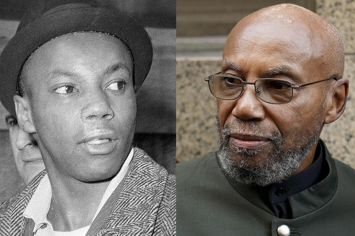 This combination photo shows Muhammad Aziz, a suspect in the slaying of Malcolm X, after his arrest, in New York, on Feb. 26, 1965, left, and Aziz outside court after his conviction in the killing of Malcolm X was vacated on Nov. 18, 2021, in New York.