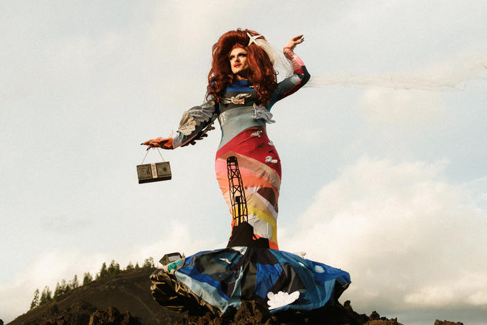 Drag queen Pattie Gonia's dress was made by Zero Waste Daniel, a designer in Brooklyn, N.Y., who focuses on sustainable clothing and accessories.