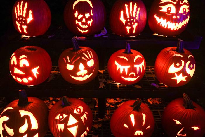 Hand-carved pumpkins are displayed at Van Cortlandt Manor on Oct. 8, 2022, in Croton-on-Hudson, N.Y.