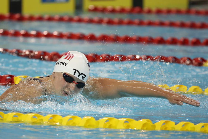Katie Ledecky wins the 1500 meter freestyle in world record time at the World Cup short course swimming day two finals at the Pan Am Sports Centre in Toronto on Oct. 29.