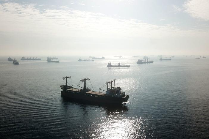 Cargo ships loaded with grain in the anchorage area of the southern entrance to the Bosporus Strait in Istanbul on Monday. Ships left Ukrainian ports on Monday despite Russia's decision to pull out from a landmark deal designed to ease a global food crisis.