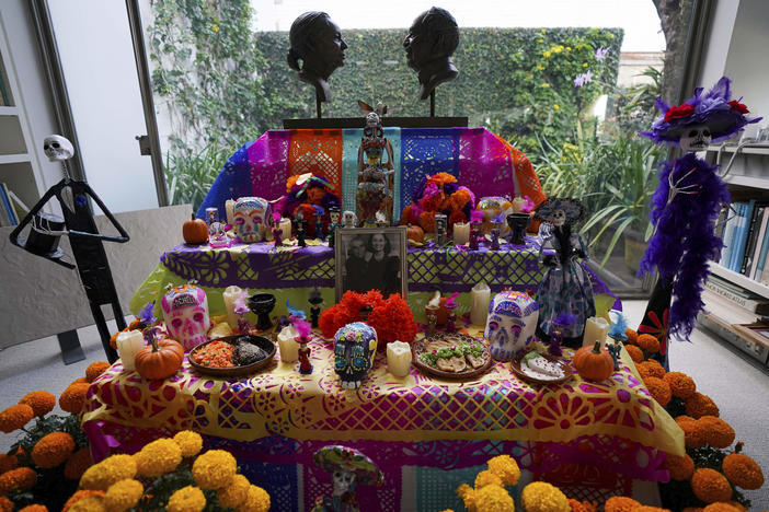 An altar for Gabriel Garcia Marquez and his wife Mercedes Barcha is set up in the studio of their home in Mexico City on Oct. 27, 2021. Day of the Dead, or <em>Día de Los Muertos</em>, the annual Mexican tradition of reminiscing about departed loved ones with colorful altars, or ofrendas, is celebrated annually Nov. 1. Garcia Marquez died on April 17, 2014 and Mercedes died on Aug. 15, 2020.