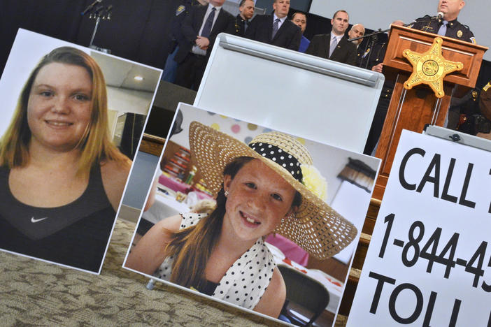 Indiana State Police Peru Post Public Information Officer Tony Slocum provides the latest details of the investigation into the murders of teenage girls Liberty German, left, and Abigail Williams in Delphi, Ind., Feb. 22, 2017.