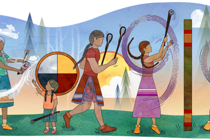 The illustration by Marlena Myles is featured as the Google doodle to celebrate Indigenous North American stickball.