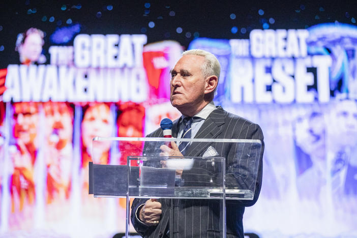 Former Trump political advisor Roger Stone speaks during the ReAwaken America Tour held at the Spooky Nook Sports complex in Manheim, Pa. on Friday, Oct. 21, 2022.