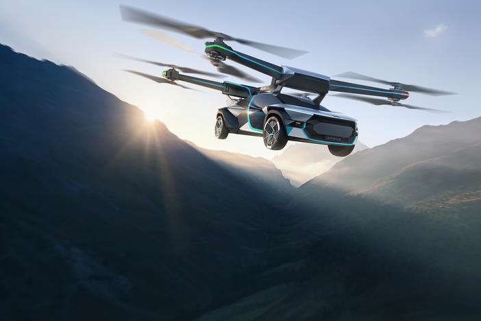 Designs of the flying car prototype, made available from Xpeng, show it flying over the The Alps.