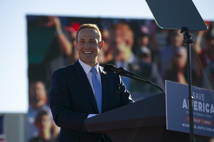 Representative Ted Budd speaks during a Save America rally for former President Donald Trump in Wilmington, N.C., in September.
