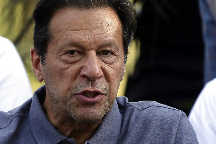 Former Pakistani Prime Minister Imran Khan speaks April 23 during a news conference in Islamabad.