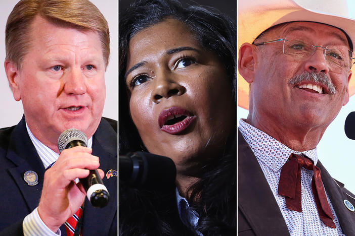 <strong>(Left to right):</strong> Nevada's Republican secretary of state candidate Jim Marchant in West Palm Beach, Fla. September 10, 2022; Kristina Karamo on April 2, 2022 near Washington, Michigan; Mark Finchem on October 09, 2022 in Mesa, Arizona.