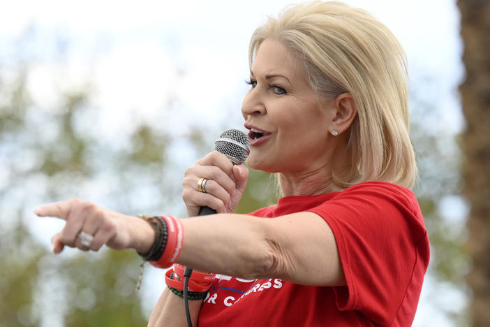 Republican candidate for the House from Nevada, April Becker, speaks during a campaign event in Las Vegas in October.