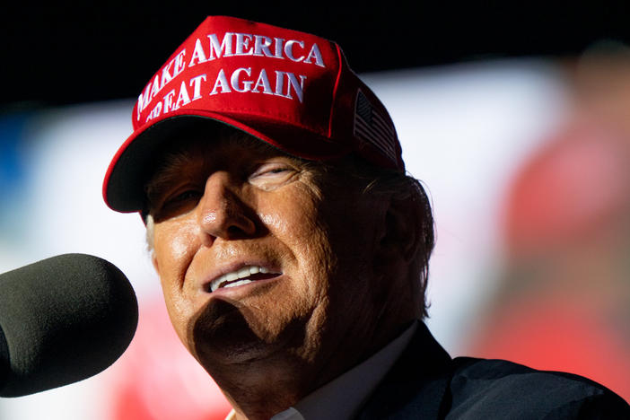 Former President Donald Trump is pictured at a rally on Oct. 22 in Robstown, Texas. Trump was subpoenaed by the House select committee investigating the Jan. 6 Capitol riot in October, ordering him to turnover documents and testify before the panel.