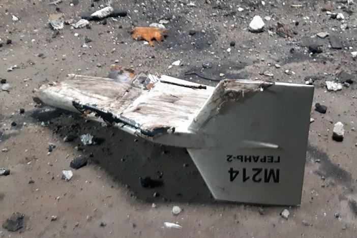 This undated photograph released by the Ukrainian military's Strategic Communications Directorate shows the wreckage of what Kyiv has described as an Iranian Shahed drone downed near Kupiansk, Ukraine. Iran has acknowledged for the first time that it sent drones to Russia but says the delivery happened before the invasion of Ukraine.
