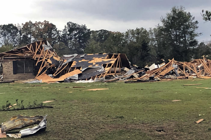 Scenes of devastation are visible in all directions along Lamar County Road 35940, west of State Highway 271, after a massive tornado hit the area, causing extensive damage and destroying an unknown number of homes, Friday, Nov. 4, 2022 in Powderly, Texas.