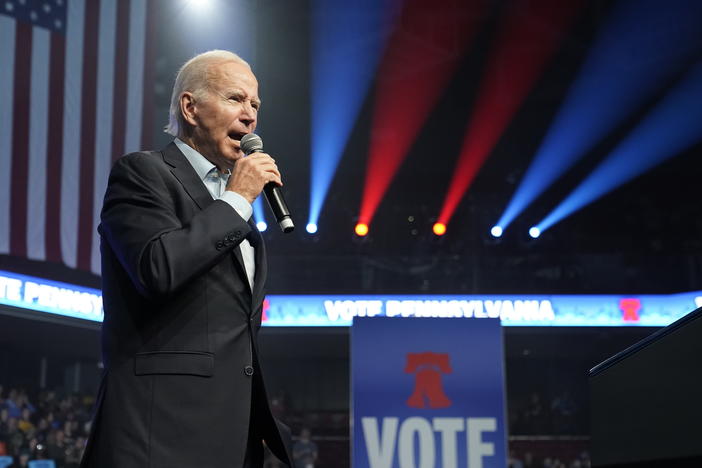 President Joe Biden speaks at a campaign rally for Pennsylvania's Democratic gubernatorial candidate Josh Shapiro and Democratic Senate candidate Lt. Gov. John Fetterman, Saturday, Nov. 5, 2022, in Philadelphia.