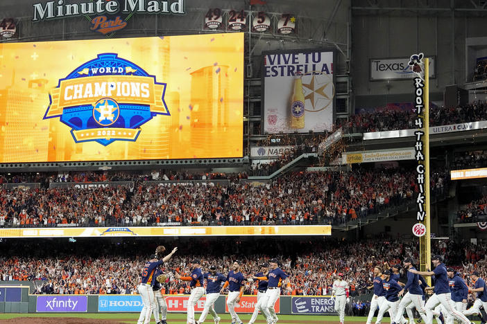 The Houston Astros celebrate their 4-1 World Series win against the Philadelphia Phillies in Game 6 on Saturday, Nov. 5, 2022, in Houston.