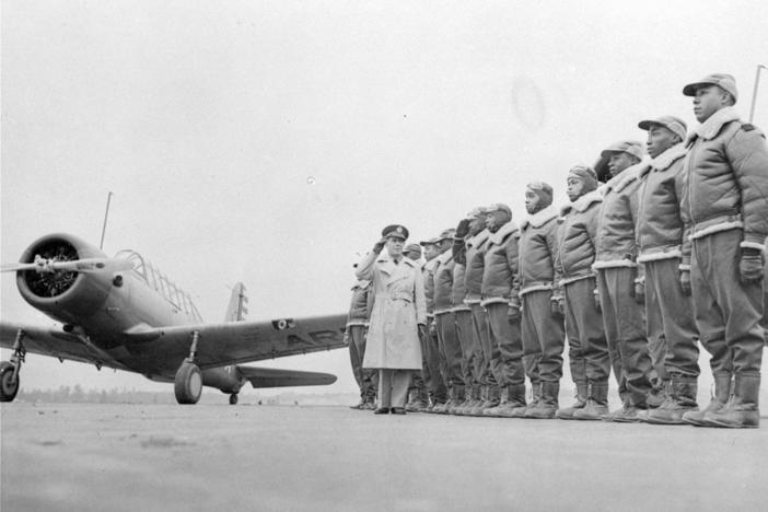 Members of the all-Black aviation squadron known as the Tuskegee Airmen line up Jan. 23, 1942.