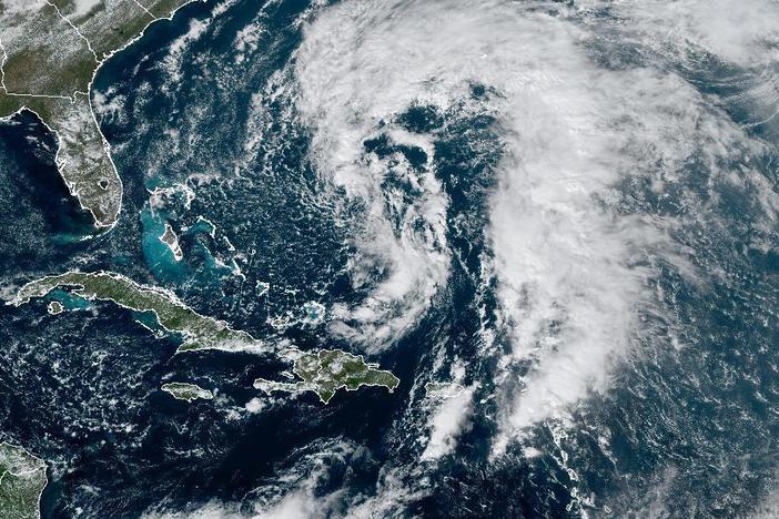 A satellite image of Subtropical Storm Nicole gathering strength east of the Bahamas.