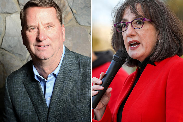<strong>Left</strong>: Mike Erickson, a Republican candidate from Oregon, running for the U.S. House of Representatives in the 2022 U.S. midterm elections, appears in a photo provided October 11, 2022. <strong>Right:</strong> Rep. Andrea Salinas, D-Lake Oswego, speaks at a PCUN rally to kick off a campaign for farmworker overtime on Tuesday, Nov. 16, 2021 at the Oregon State Capitol in Salem, Ore.