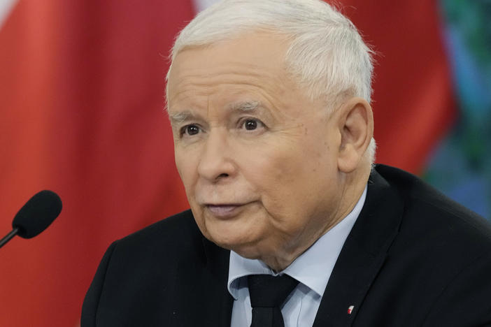 Jaroslaw Kaczynski, the head of Poland's ruling party Law and Justice, speaks at a news conference in Warsaw, Poland, on Tuesday Oct. 26, 2021.