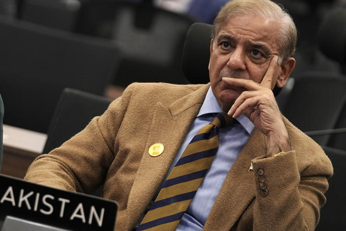 Muhammad Shehbaz Sharif, prime minister of Pakistan, listens to speeches during the conference. He took the stage today, as well, explaining the impact of catastrophic flooding in Pakistan this summer.