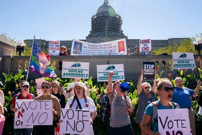 Kentucky voters have rejected an amendment that would have said the state constitution contains no right to an abortion. Earlier, people rallied on the steps of the Kentucky State Capitol in Frankfort to encourage voters to vote yes on Amendment 2, which failed.