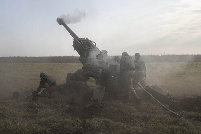 The Ukrainian  artillery battery of the 59th Mechanized Brigade fires a howitzer at points controlled by Russian troops in Kherson Oblast, Ukraine on Saturday.