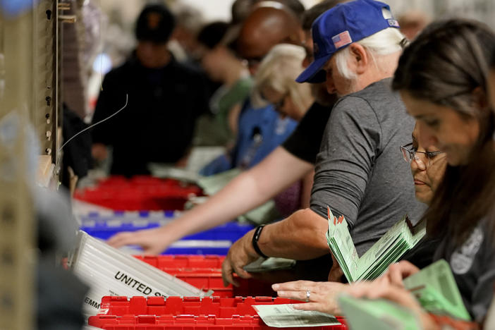 Election workers sort early ballots for signature verification prior to tabulation inside the Maricopa County recorder's office on Tuesday in Phoenix.