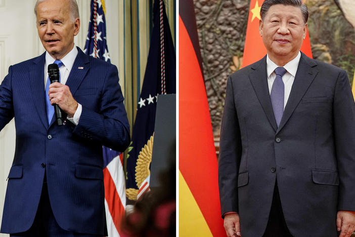 Left: U.S. President Joe Biden takes questions from reporters after he delivered remarks in the State Dining Room at the White House in Washington, DC on Wednesday. Right: Chinese President Xi Jinping at the Grand Hall in Beijing while welcoming German Chancelor Olaf Scholz on Nov. 4.