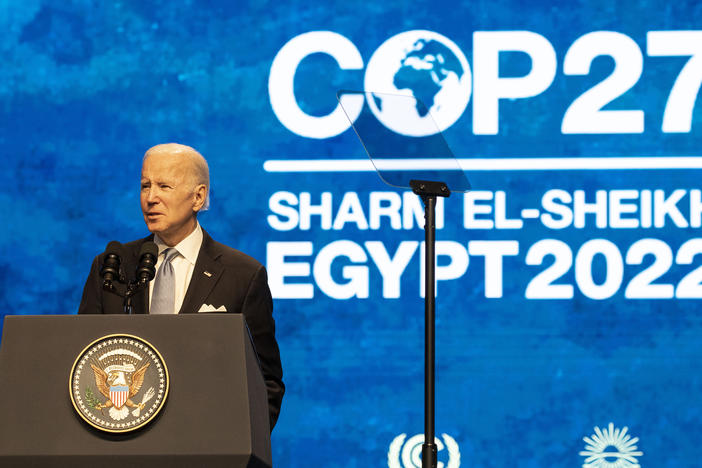 President Joe Biden spoke at the COP27 climate negotiations in Egypt. The President said the United States will meet its promises to reduce greenhouse gas emissions by 50% by 2030.