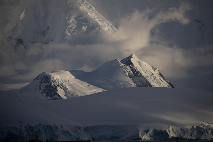 A view of the glaciers and mountains from the Gerlache Strait on the western side of the Antarctic Peninsula in February 2022.