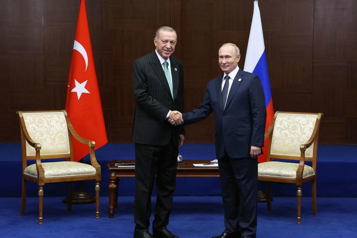 Russian President Vladimir Putin meets with Turkey's President Recep Tayyip Erdogan on the sidelines of the Sixth Summit of the Conference on Interaction and Confidence Building Measures in Asia in Astana, Kazakhstan, on Oct. 13.