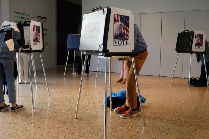 People cast their early ballots for the 2022 general election at the Ann Arbor, Michigan city clerk's satellite office on the campus of the University of Michigan, on the eve of the U.S. midterm elections.
