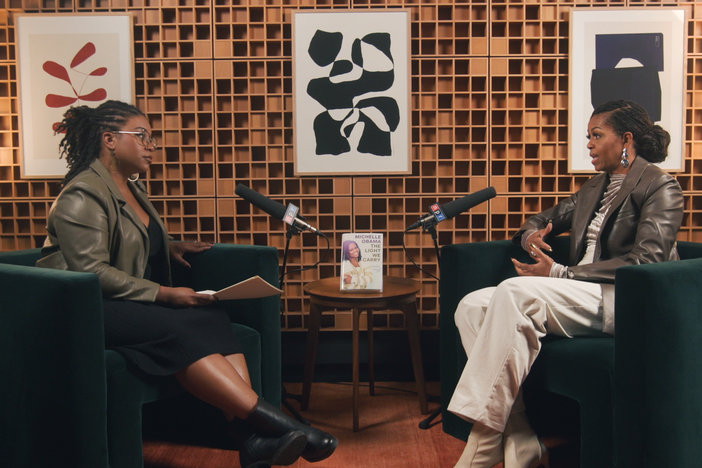 NPR <em>All Things Considered</em> host Juana Summers (left) speaks with former First Lady Michelle Obama about her new book, <em>The Light We Carry.</em>