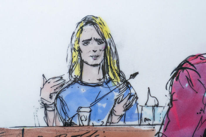 In this courtroom artist sketch, Jennifer Siebel Newsom, a documentary filmmaker and the wife of California Gov. Gavin Newsom, takes the stand Monday at the trial of Harvey Weinstein in Los Angeles.