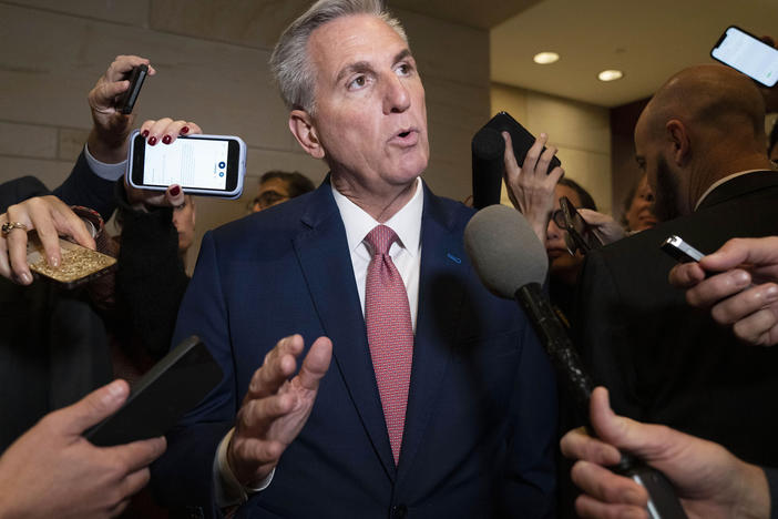 House Minority Leader Kevin McCarthy, of Calif., talks to reporters, Tuesday, Nov. 15, 2022, on Capitol Hill in Washington.