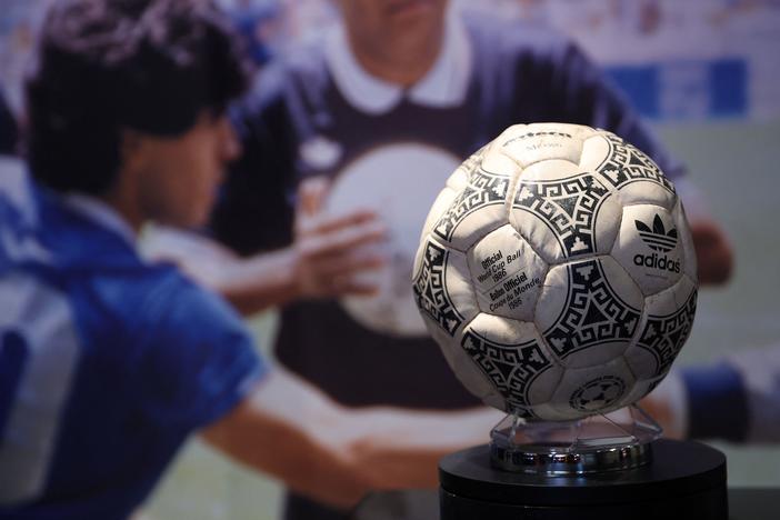 The match ball used in the 1986 FIFA World Cup football match between Argentina and England is pictured ahead of its auction, at Wembley Stadium in London on Nov. 1.