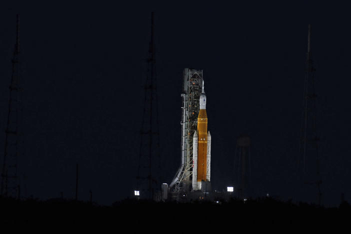 The Artemis 1 moon rocket and the Orion spacecraft are sitting poised on Launch Pad 39B at the Kennedy Space Center in Cape Canaveral, Florida.