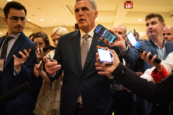 House Minority Leader Kevin McCarthy, R-Calif., speaks with reporters as he leaves a House Republican Caucus meeting on Capitol Hill on Monday.