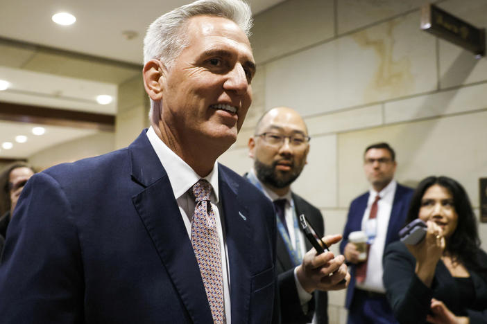 House Minority Leader Kevin McCarthy, R-Calif., is followed by reporters as he arrives to a House Republican Caucus meeting at the Capitol on Monday.